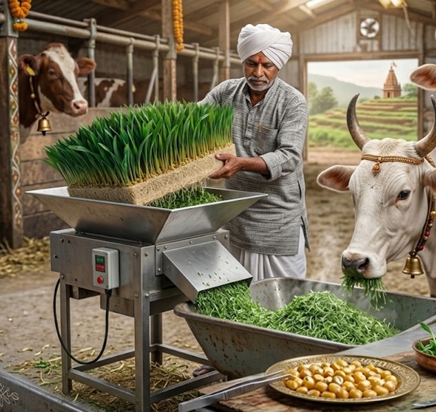 Livestock feeding on hydroponic fodder